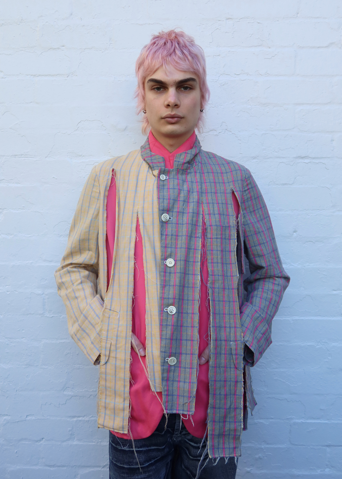 COMME DES GARCONS HOMME PLUS SS2018 Tattered Check Patchwork Blazer