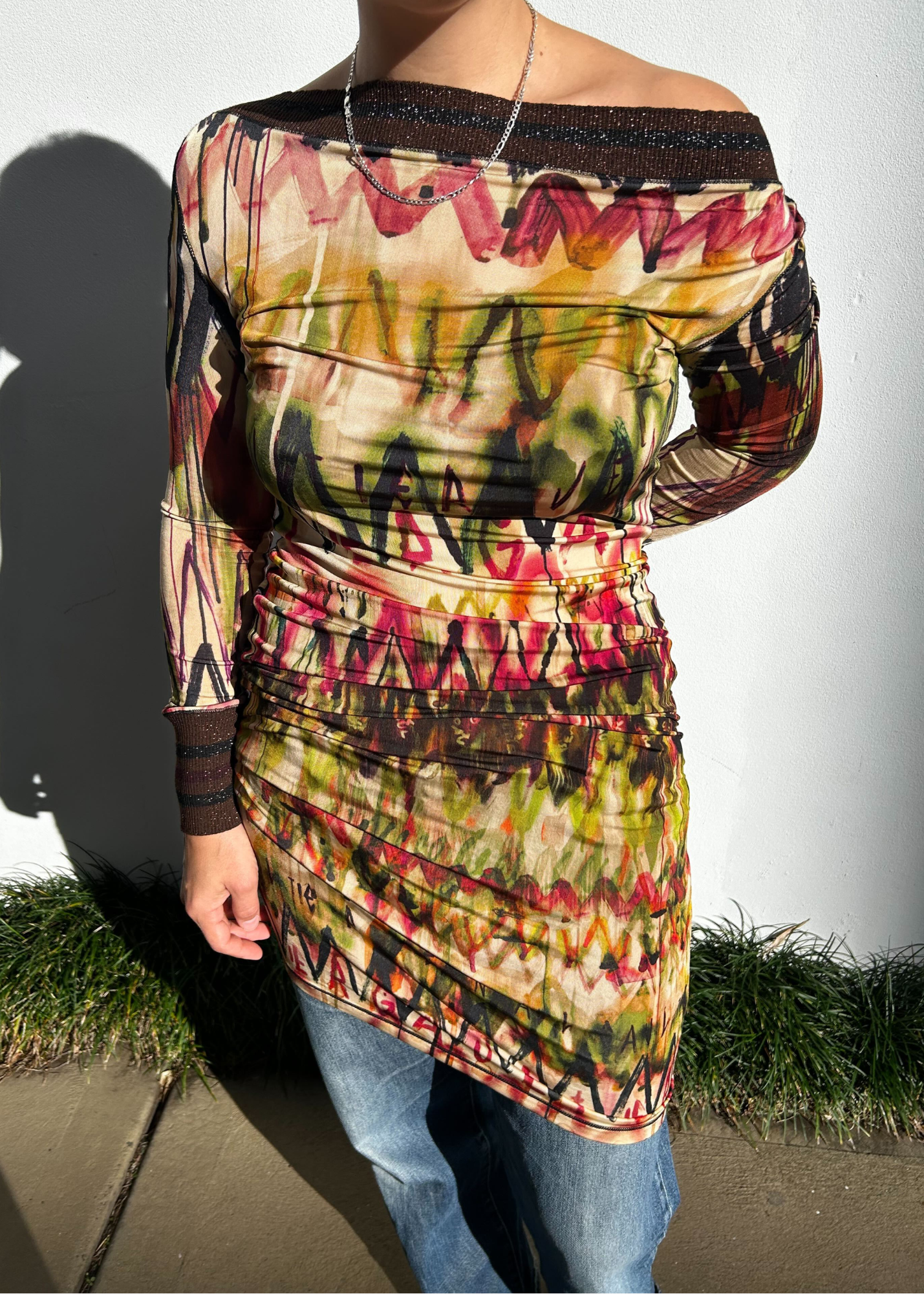 2000's JEAN PAUL GAULTIER FEMME (AS IS) Watercolour Graffiti Print Boat Neck Dress