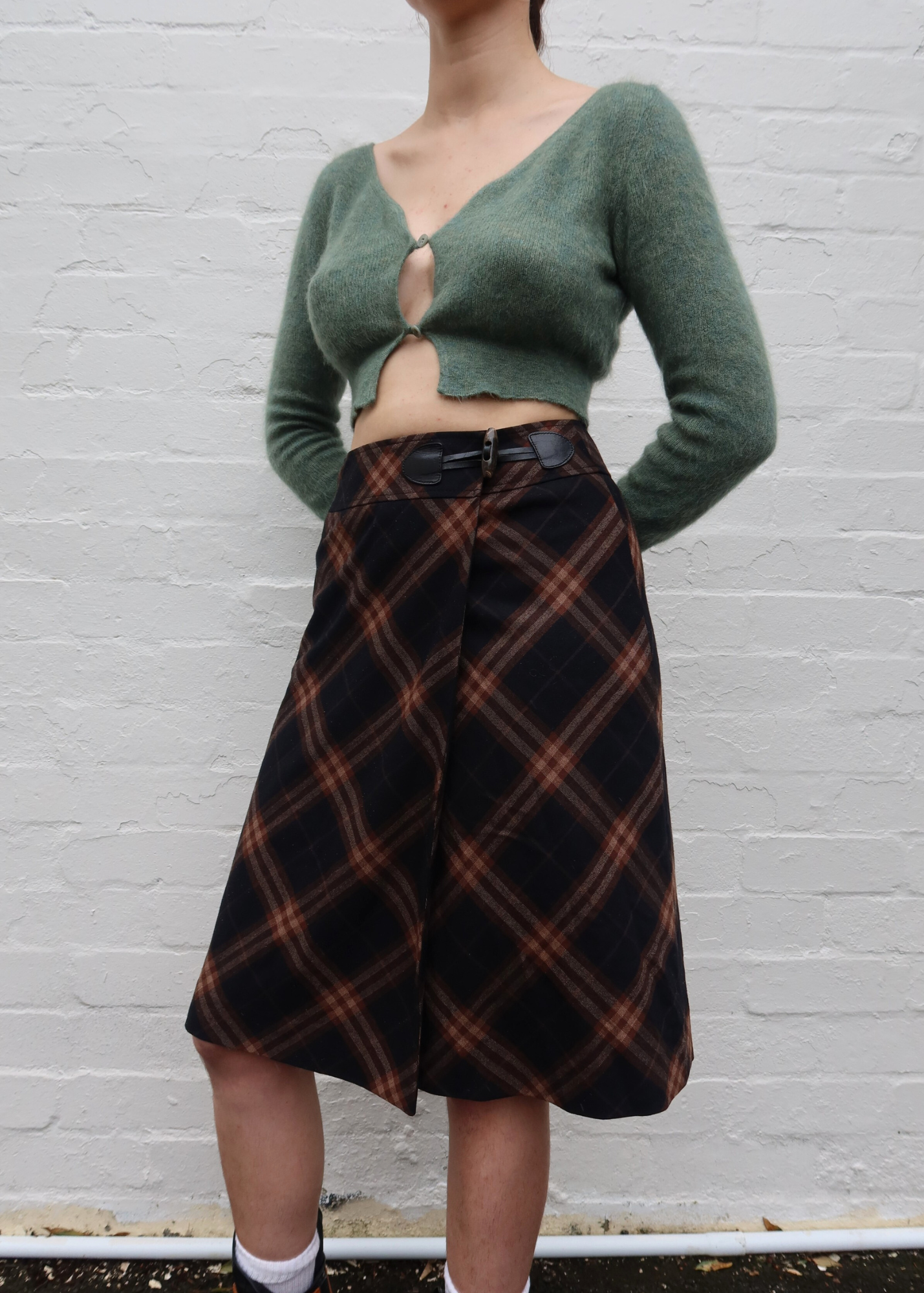 BURBERRY LONDON Wool Check Toggle Closure Midi Skirt