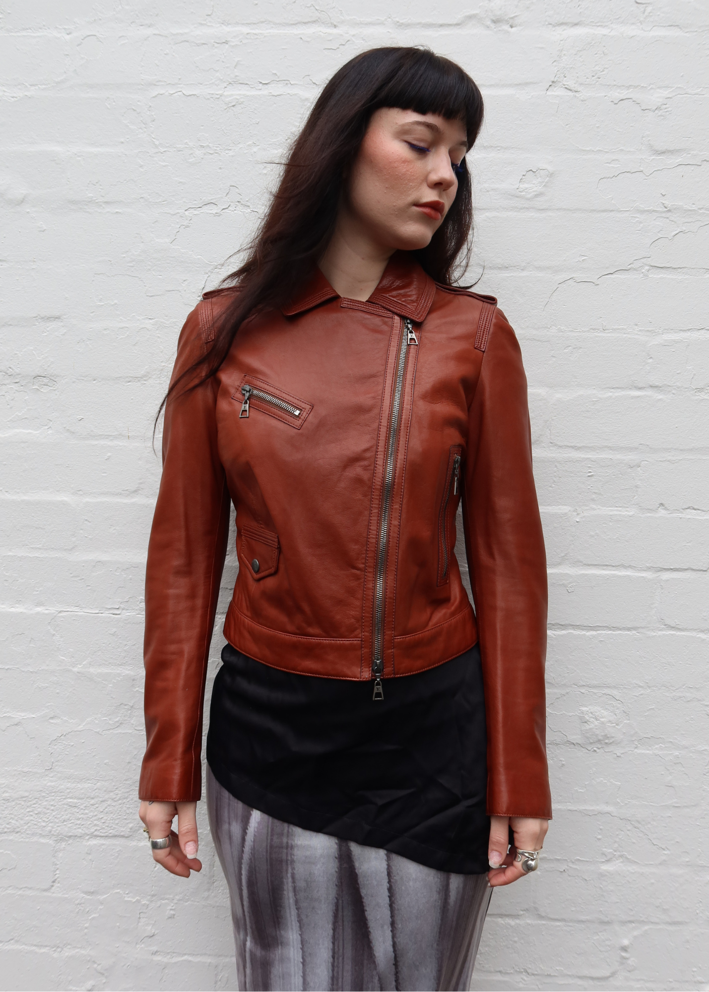 LOUIS VUITTON (AS IS) Cognac Brown Lambskin Leather Moto Jacket