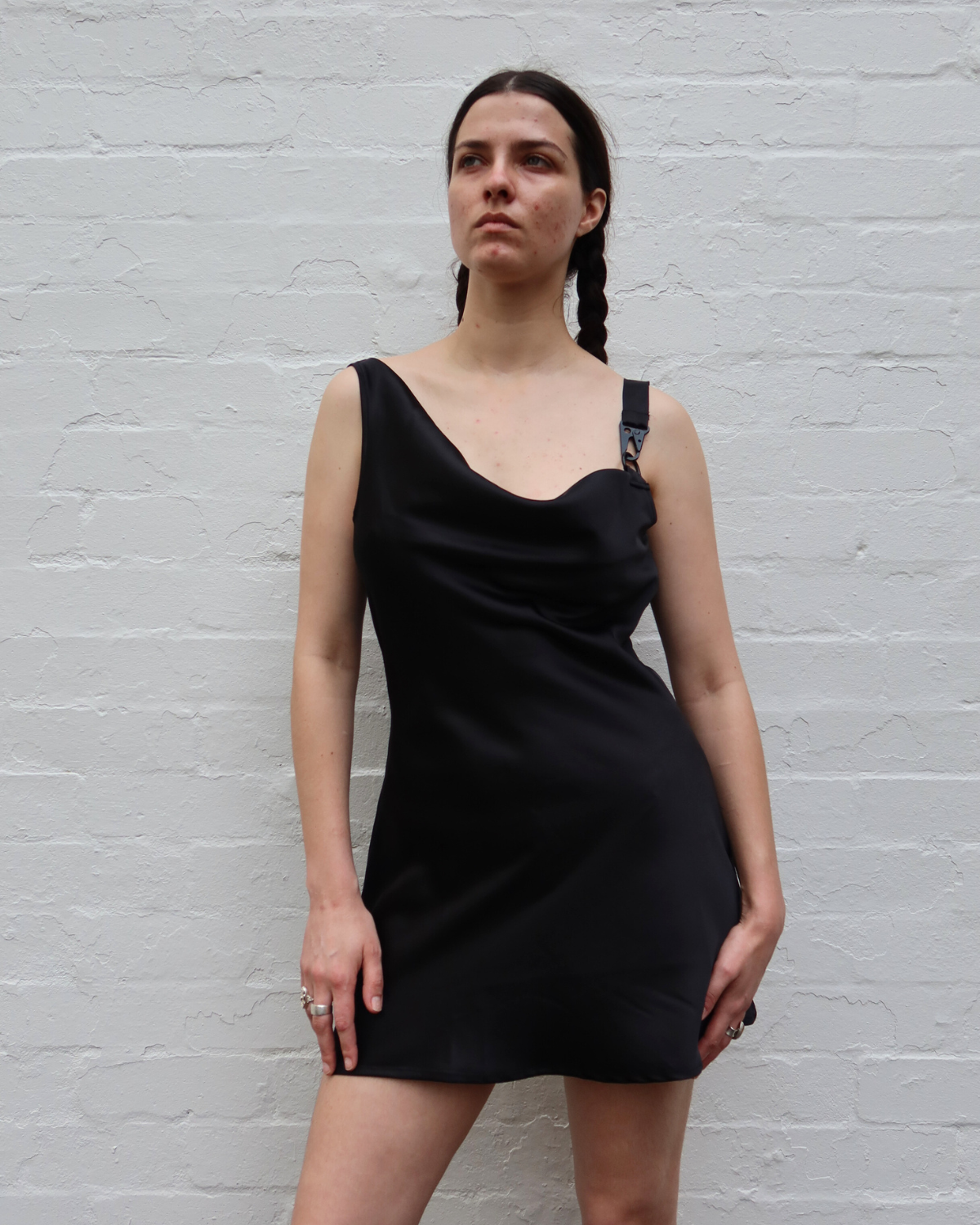 GUIZIO Satin Asymmetric Buckle Cowl Neck Mini Dress