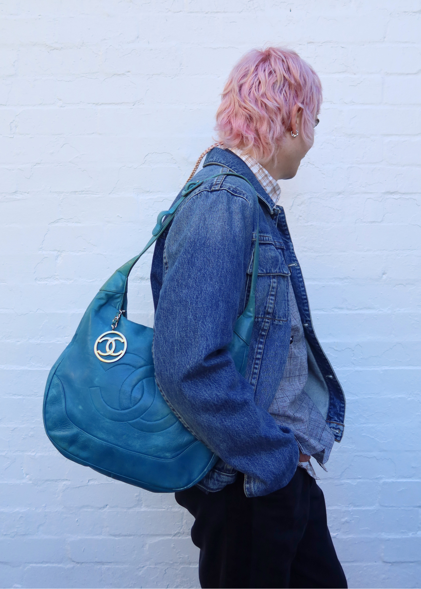 CHANEL VINTAGE (AS IS) 1989-1991 'Timeless CC Hobo' Turquoise Caviar Leather Bag