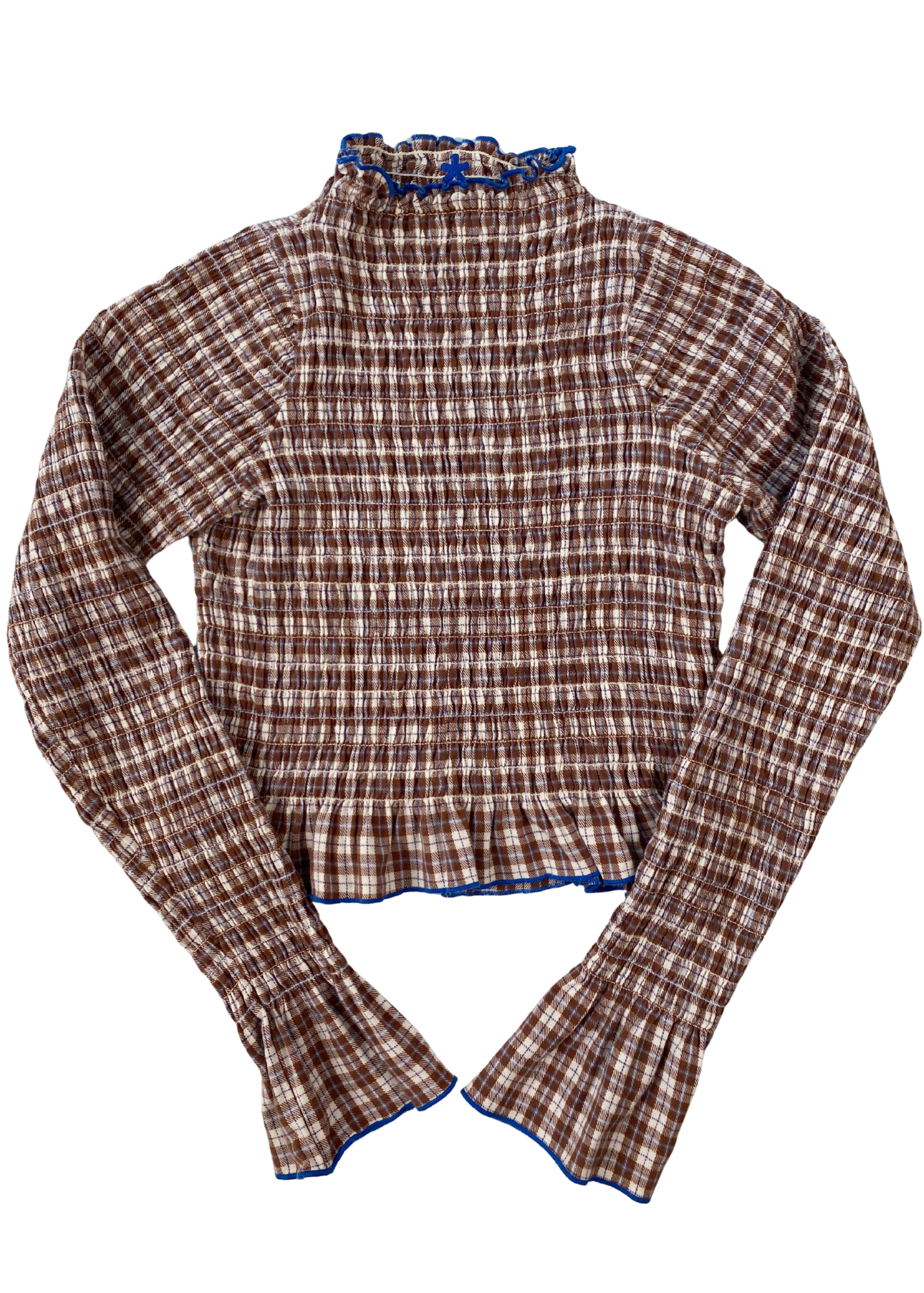 APRES STUDIO Plaid Shirred Long Sleeve Top