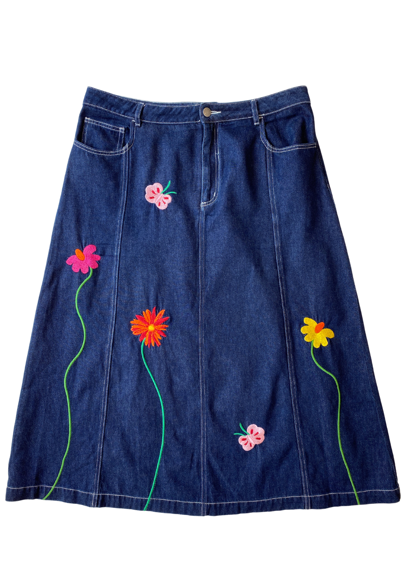 GORMAN Denim Floral Embroidery Midi Skirt