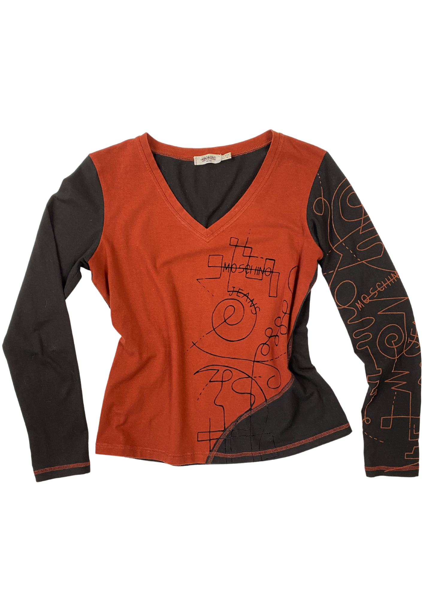 MOSCHINO JEANS (AS IS) V Neck Scribble Flocking Print