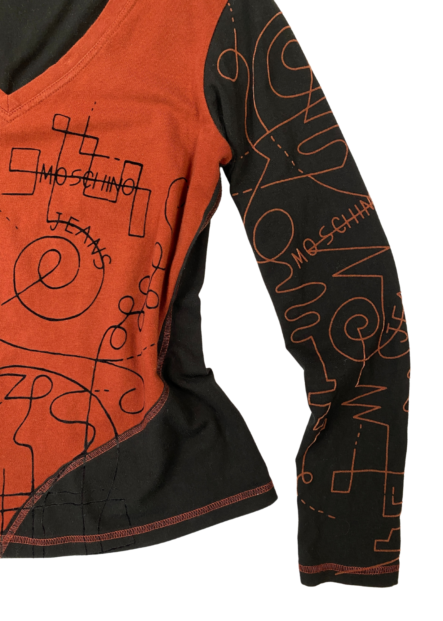 MOSCHINO JEANS (AS IS) V Neck Scribble Flocking Print