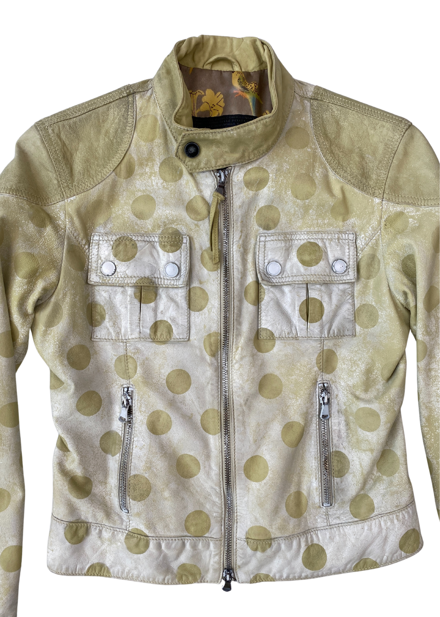 COMPAGNIA DELLE PELLI Pistachio Spray Polkadot Leather Moto Jacket