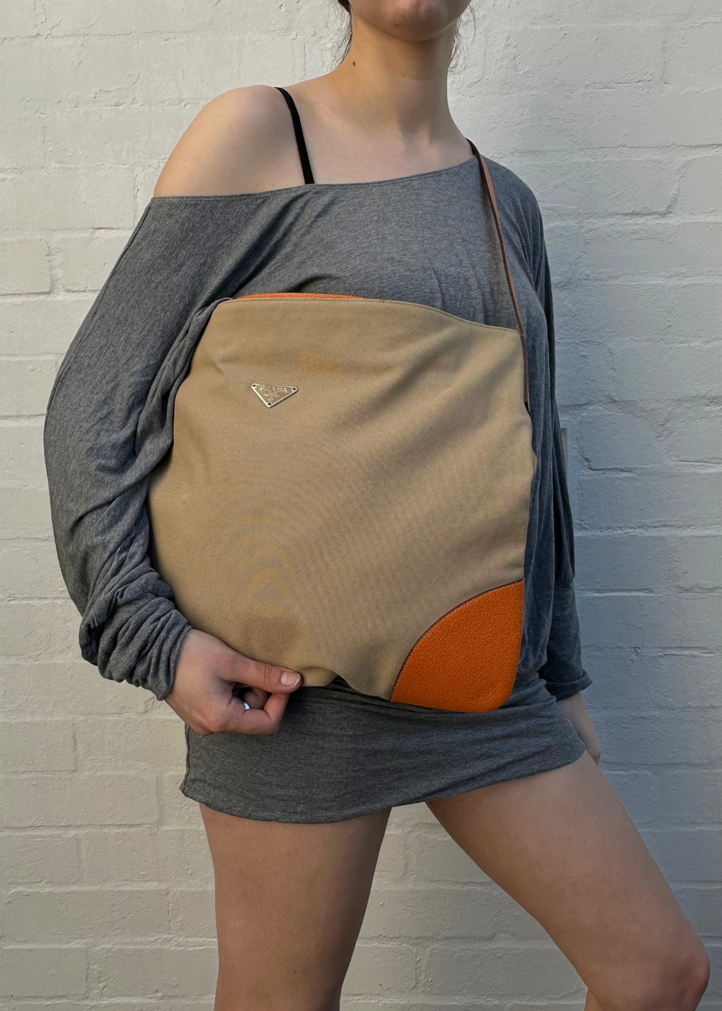 PRADA (AS IS) Canvas + Leather Trim Crossbody Tote