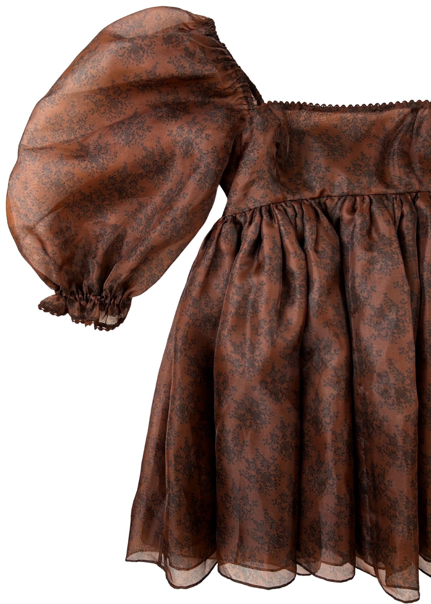 SELKIE Baroque Print Organza Babydoll Mini Dress