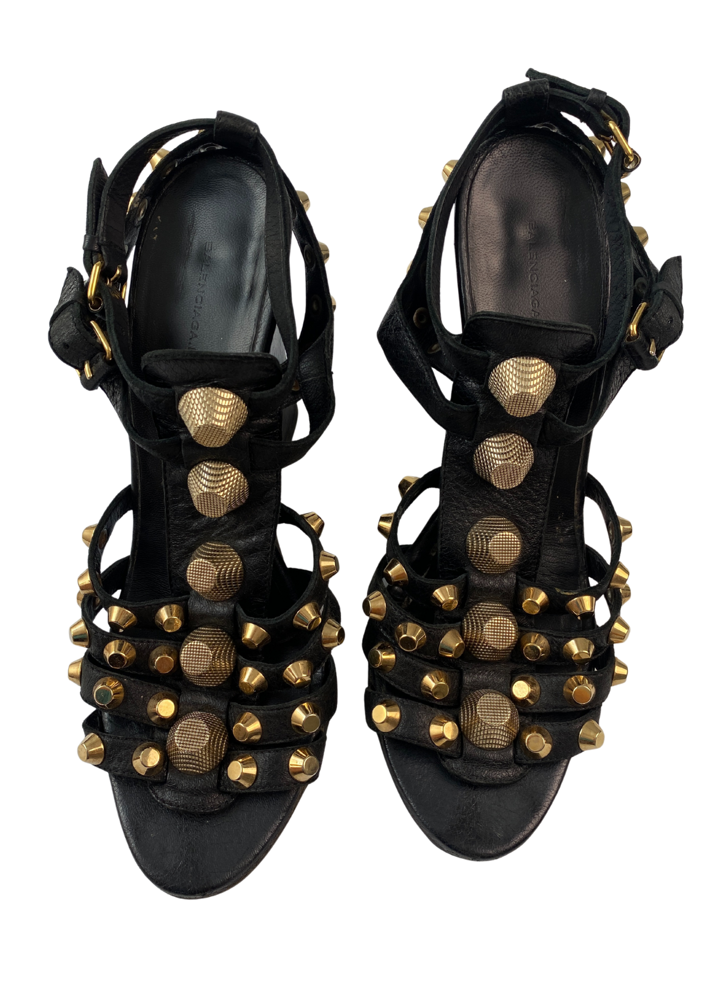 BALENCIAGA (AS IS) 'Arena' Gold Studded Gladiator Wedge Heels
