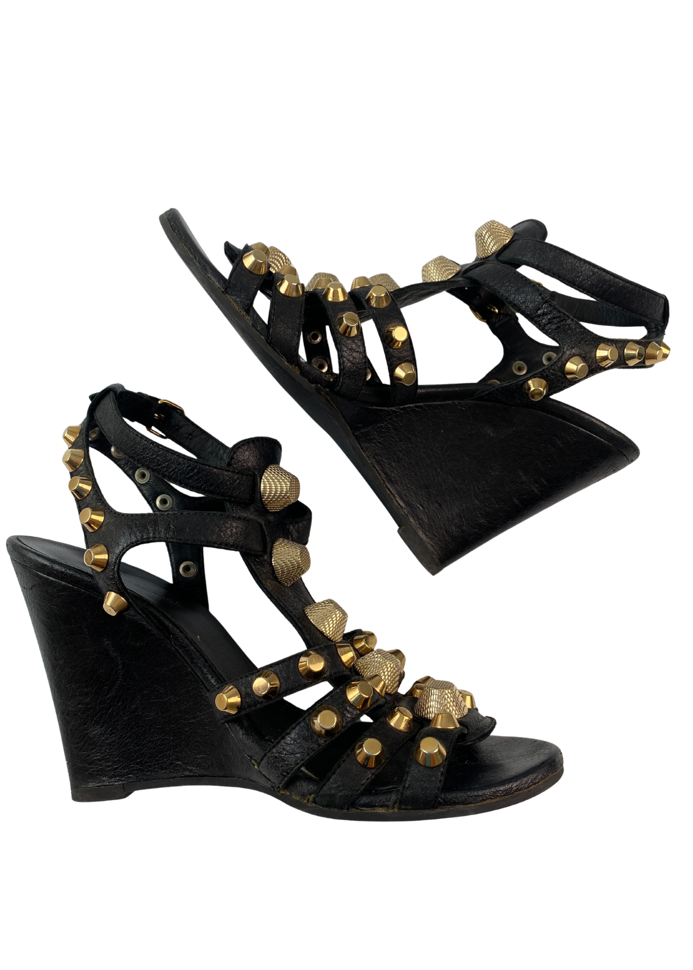 BALENCIAGA (AS IS) 'Arena' Gold Studded Gladiator Wedge Heels