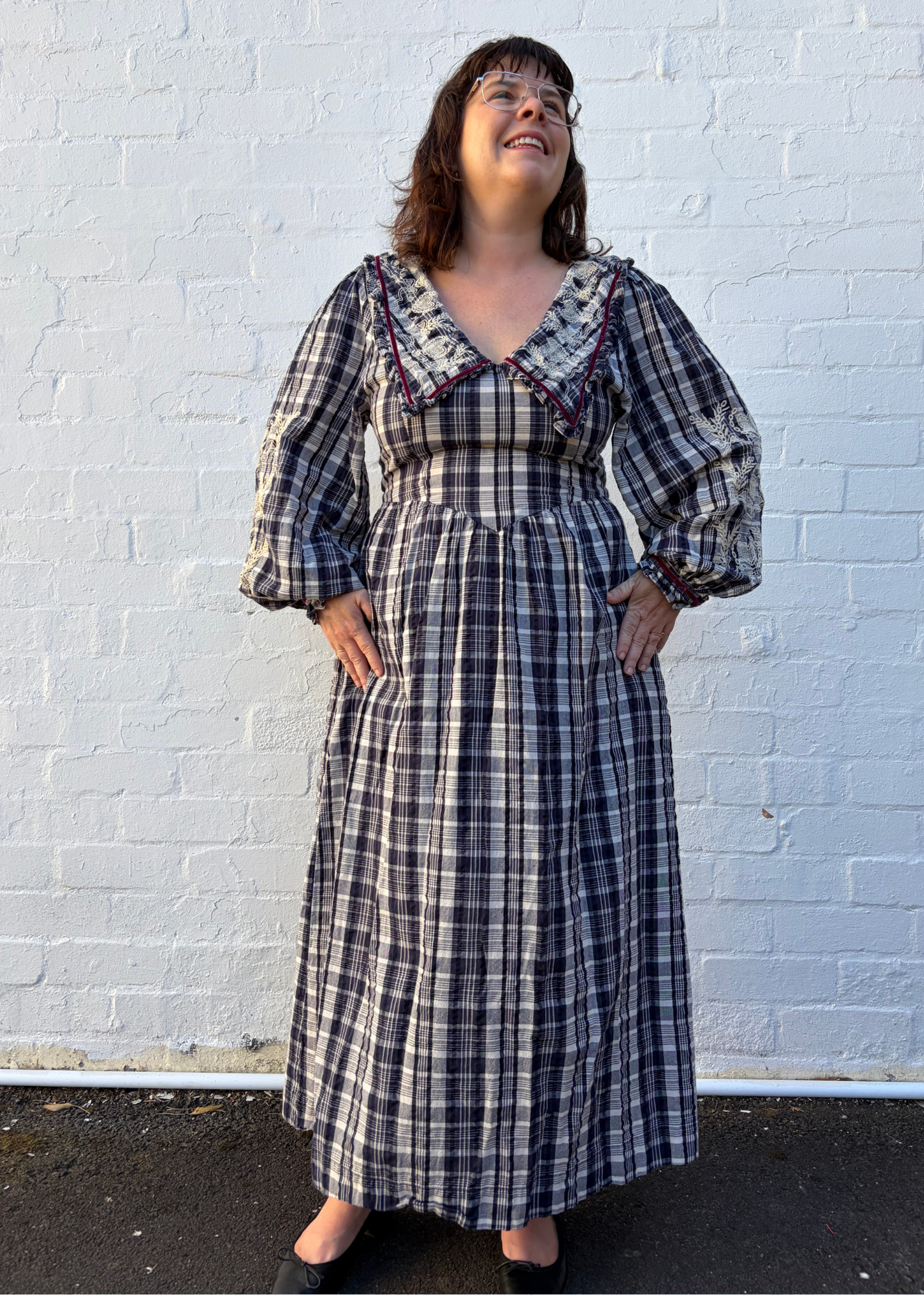DAMSON MADDER Plaid Embroidered Collar Maxi Dress