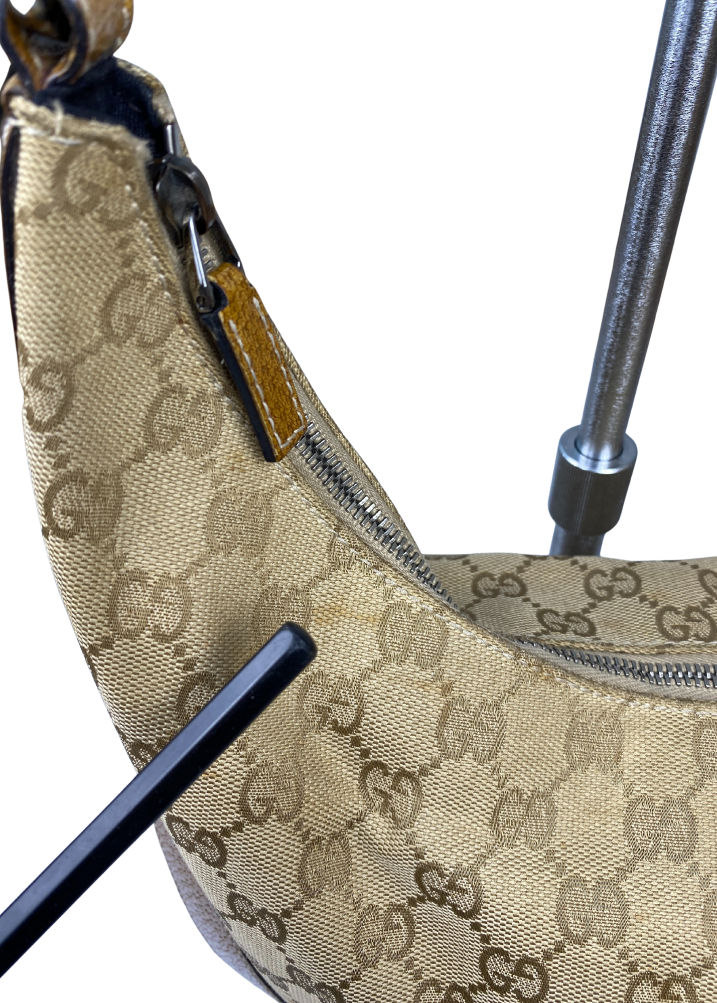 VINTAGE GUCCI (AS IS) GG Monogram Canvas + Leather Hobo Bag