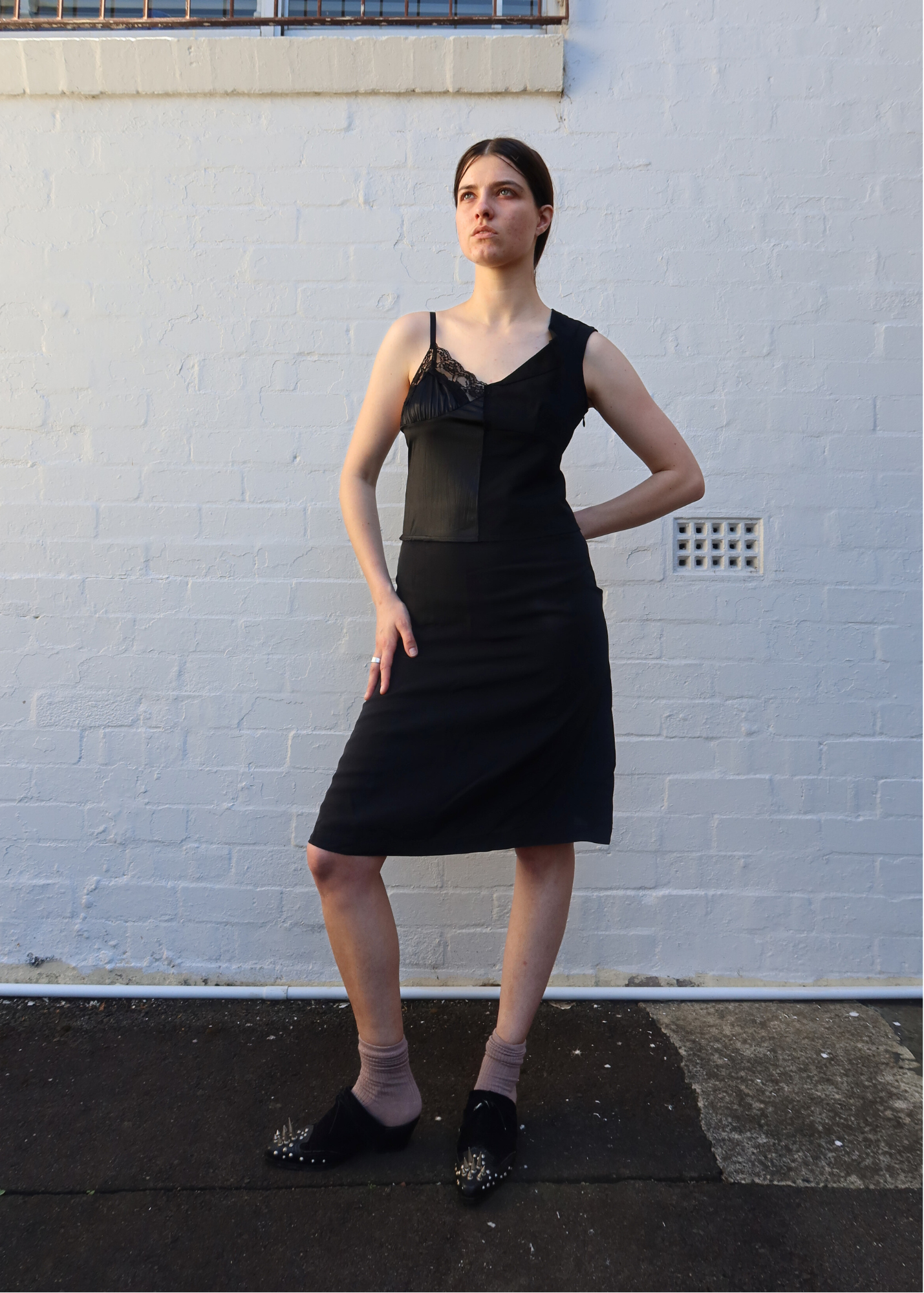 COMME DES GARCONS TRICOT (AS IS) 2003 Spliced Lace Slip + Wool Shift Midi Dress