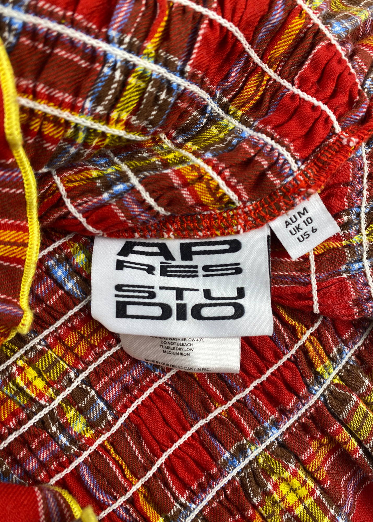 APRES STUDIO Tartan Ruched Long Sleeve Mini Dress