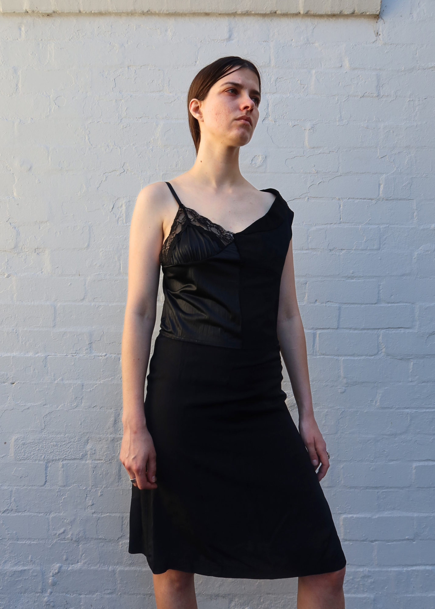 COMME DES GARCONS TRICOT (AS IS) 2003 Spliced Lace Slip + Wool Shift Midi Dress