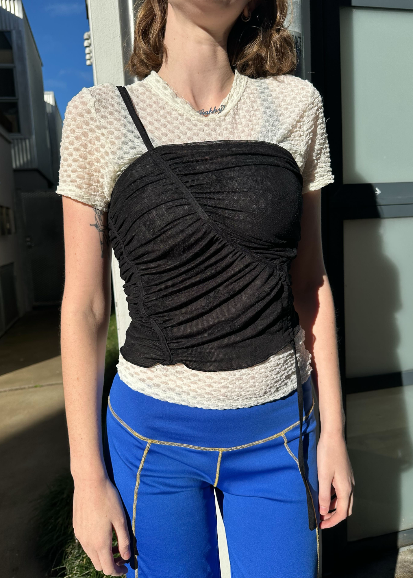 REBORNE Mesh Ruched Butterfly Top
