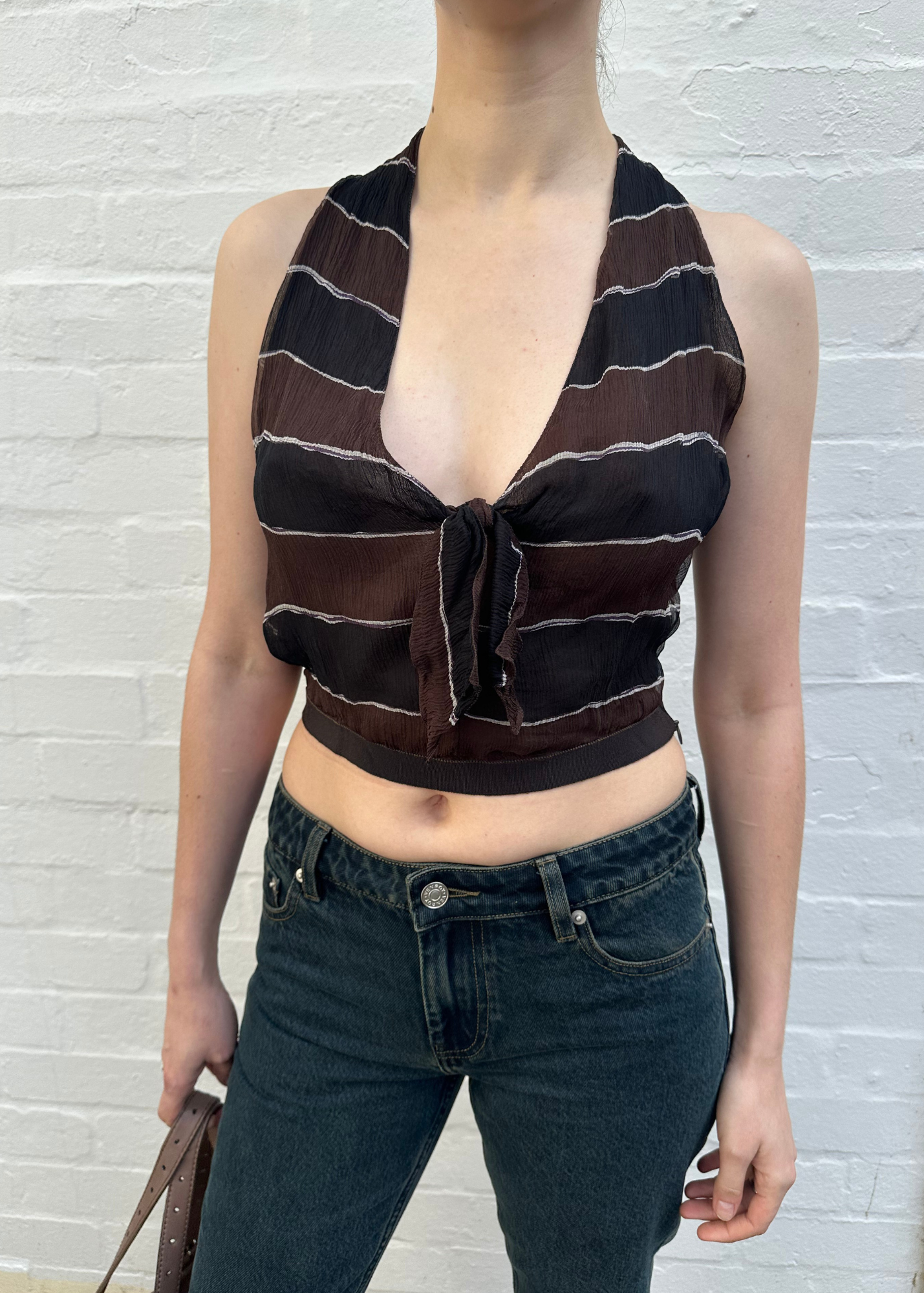 PRADA (AS IS) Stripe Silk Front Tie Top