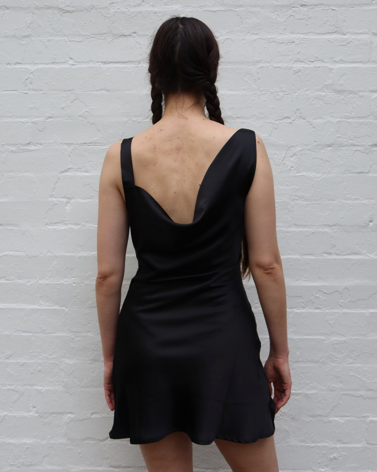 GUIZIO Satin Asymmetric Buckle Cowl Neck Mini Dress