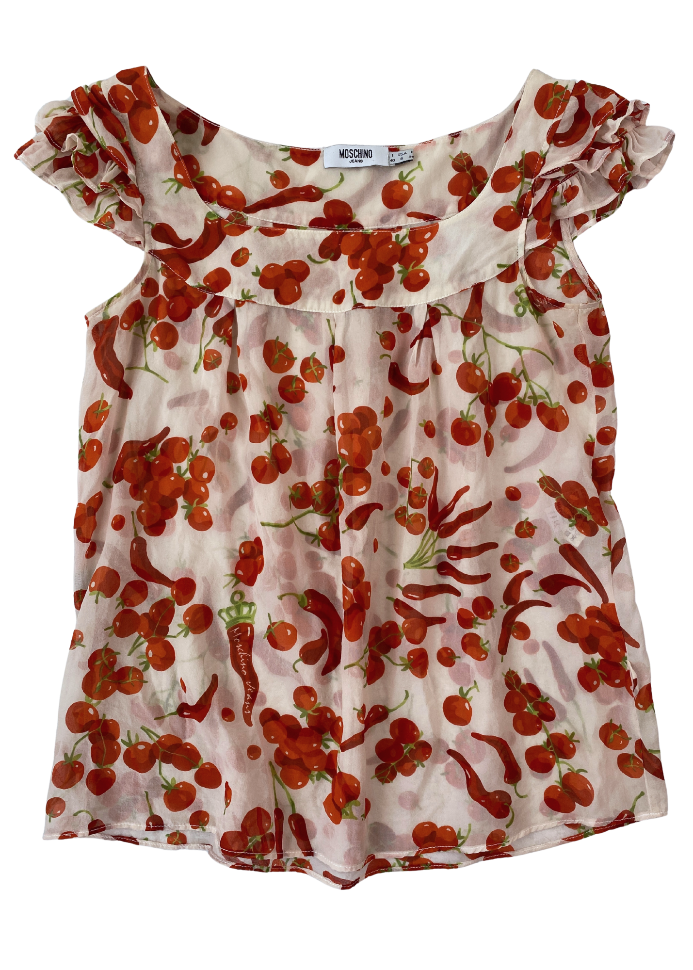 VINTAGE MOSCHINO JEANS (AS IS) Chilli + Cherry Print Silk Babydoll Top