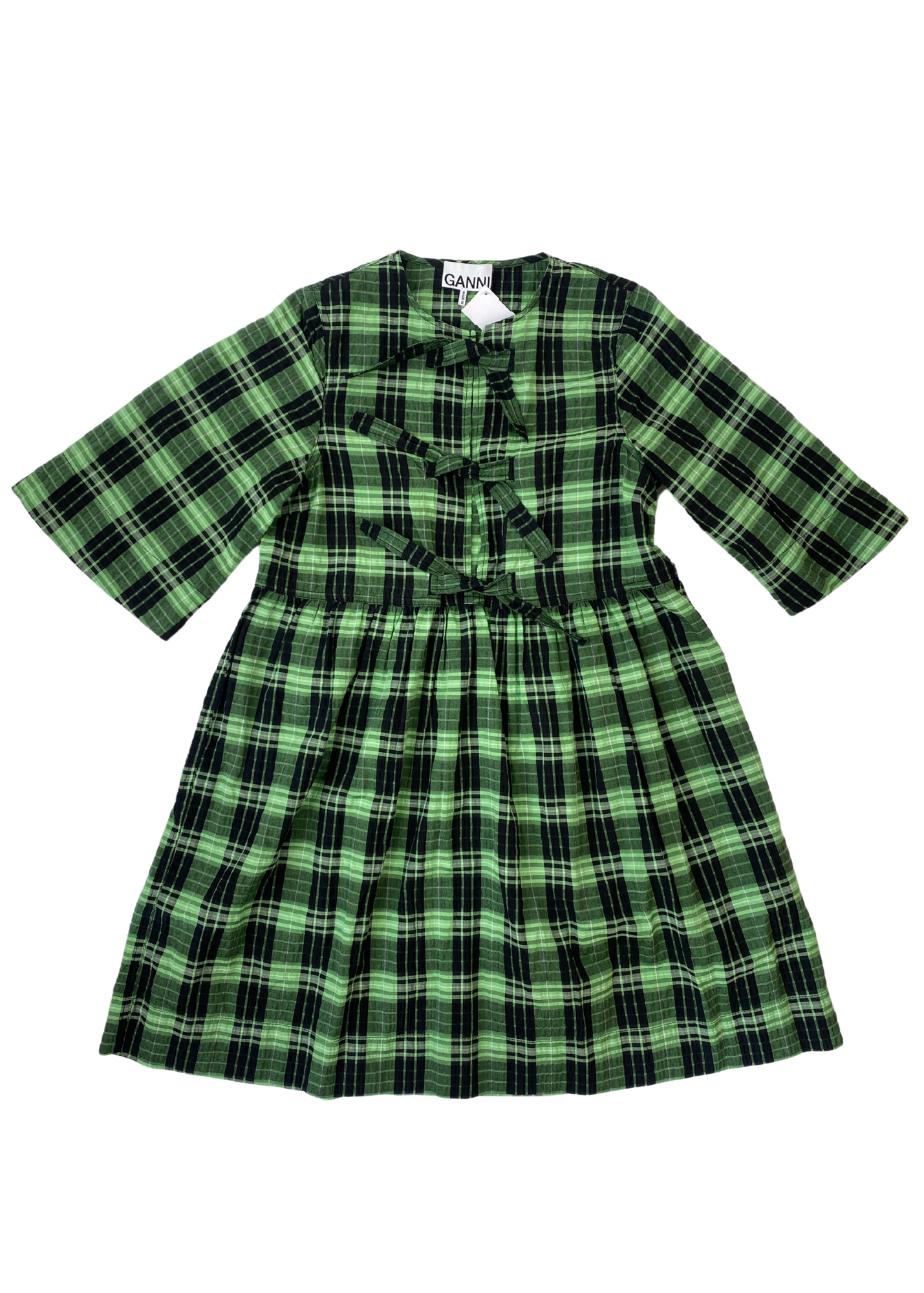 GANNI Seersucker Plaid Front Tie Mini Dress