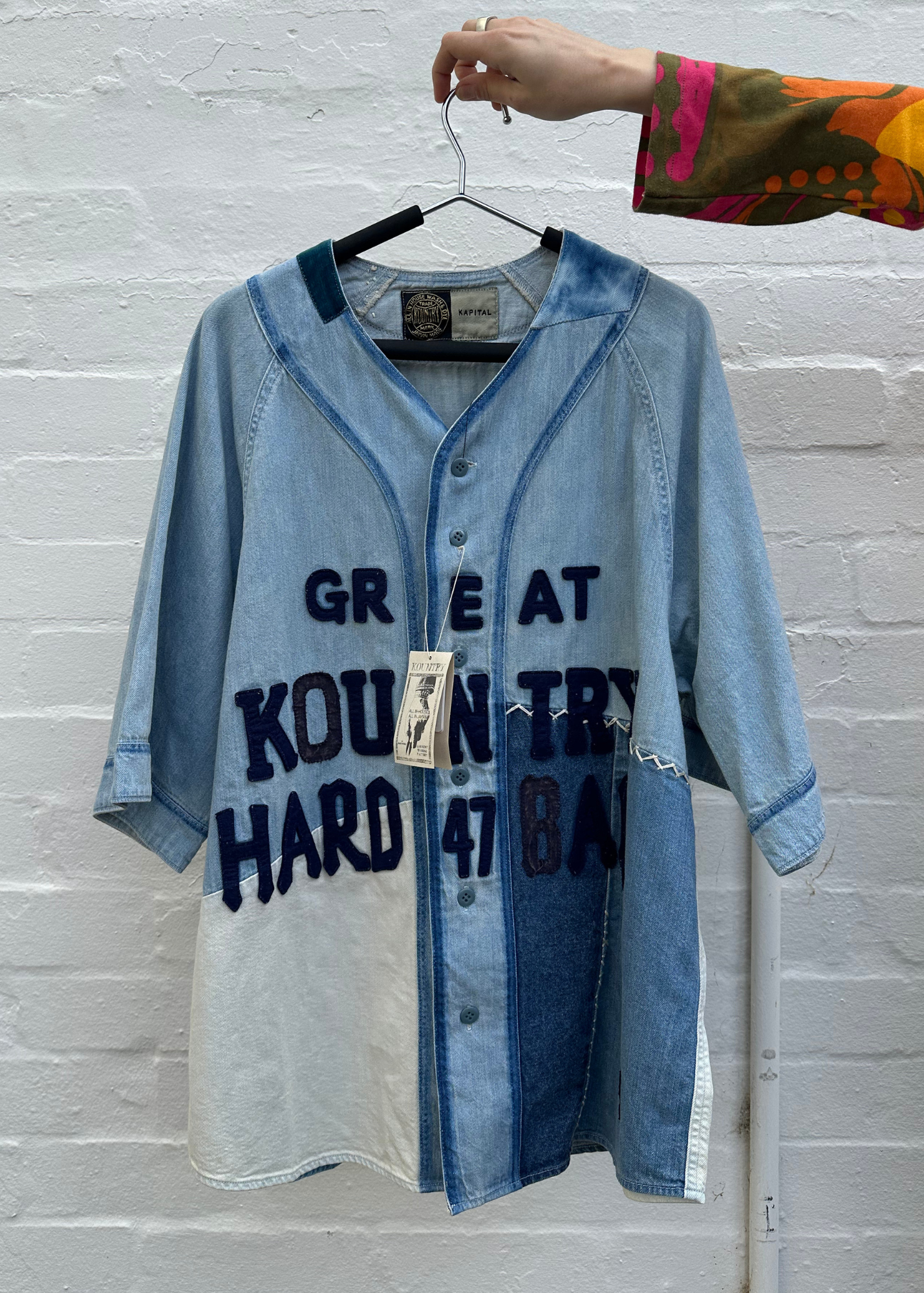 KAPITAL (BNWT) 8oz Reconstructed Denim 'GREAT KOUNTRY' Baseball Shirt