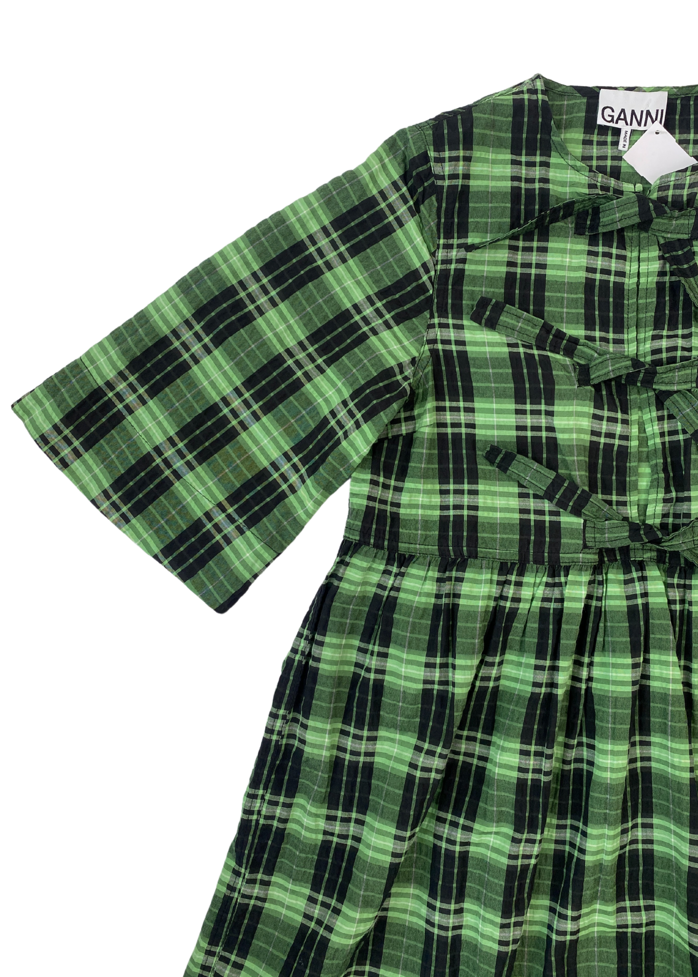 GANNI Seersucker Plaid Front Tie Mini Dress