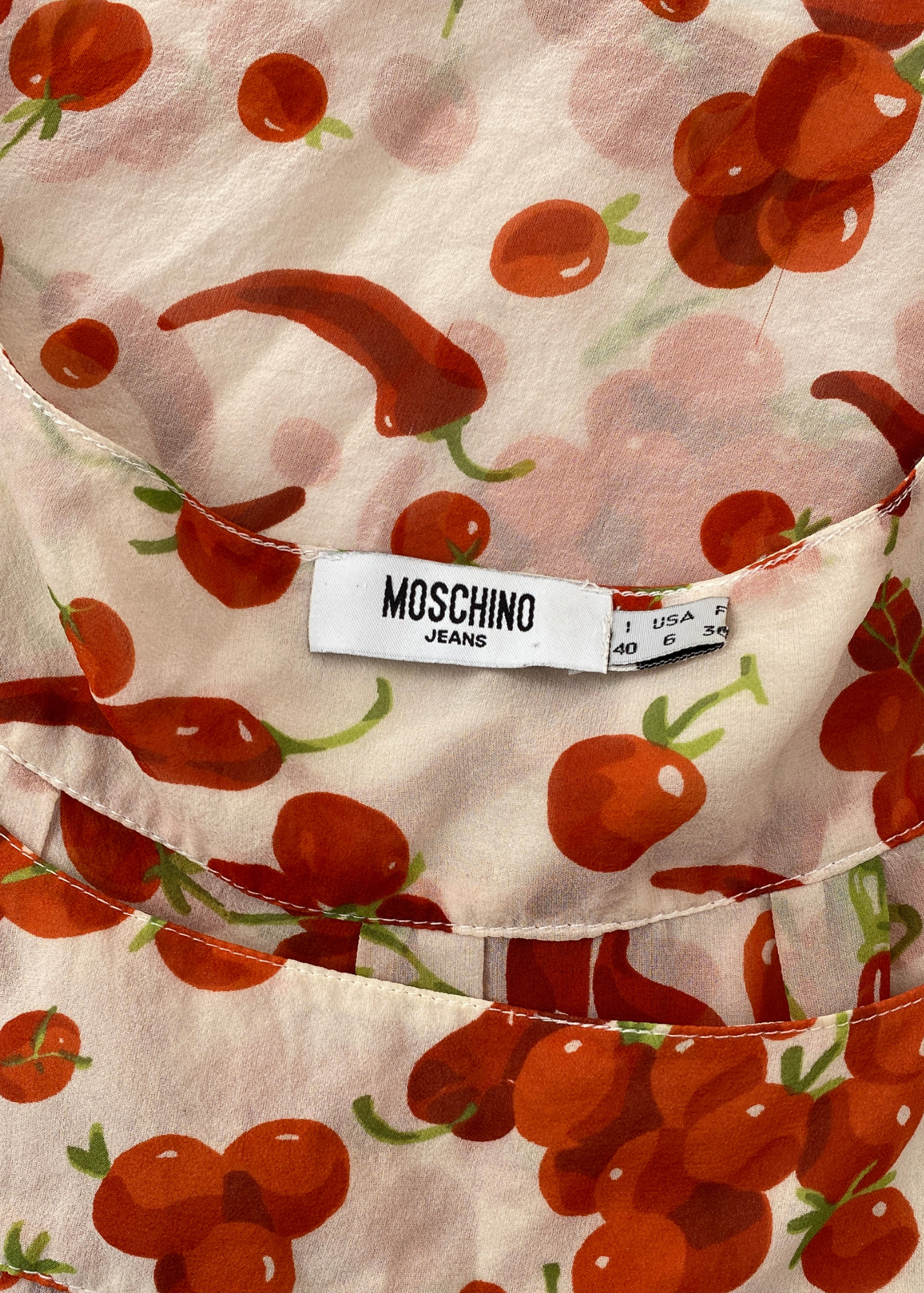 VINTAGE MOSCHINO JEANS (AS IS) Chilli + Cherry Print Silk Babydoll Top