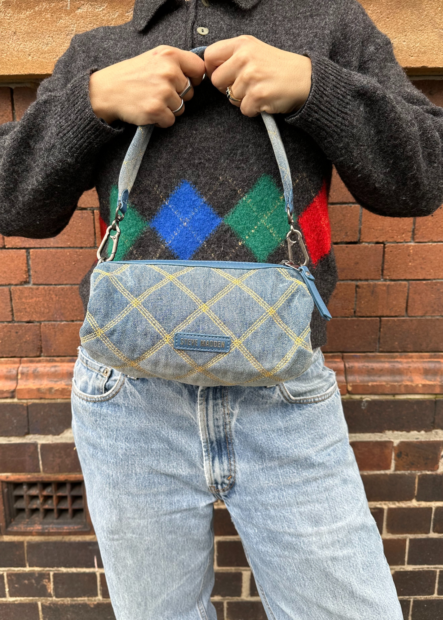 STEVE MADDEN Quilted Denim Barrel Bag