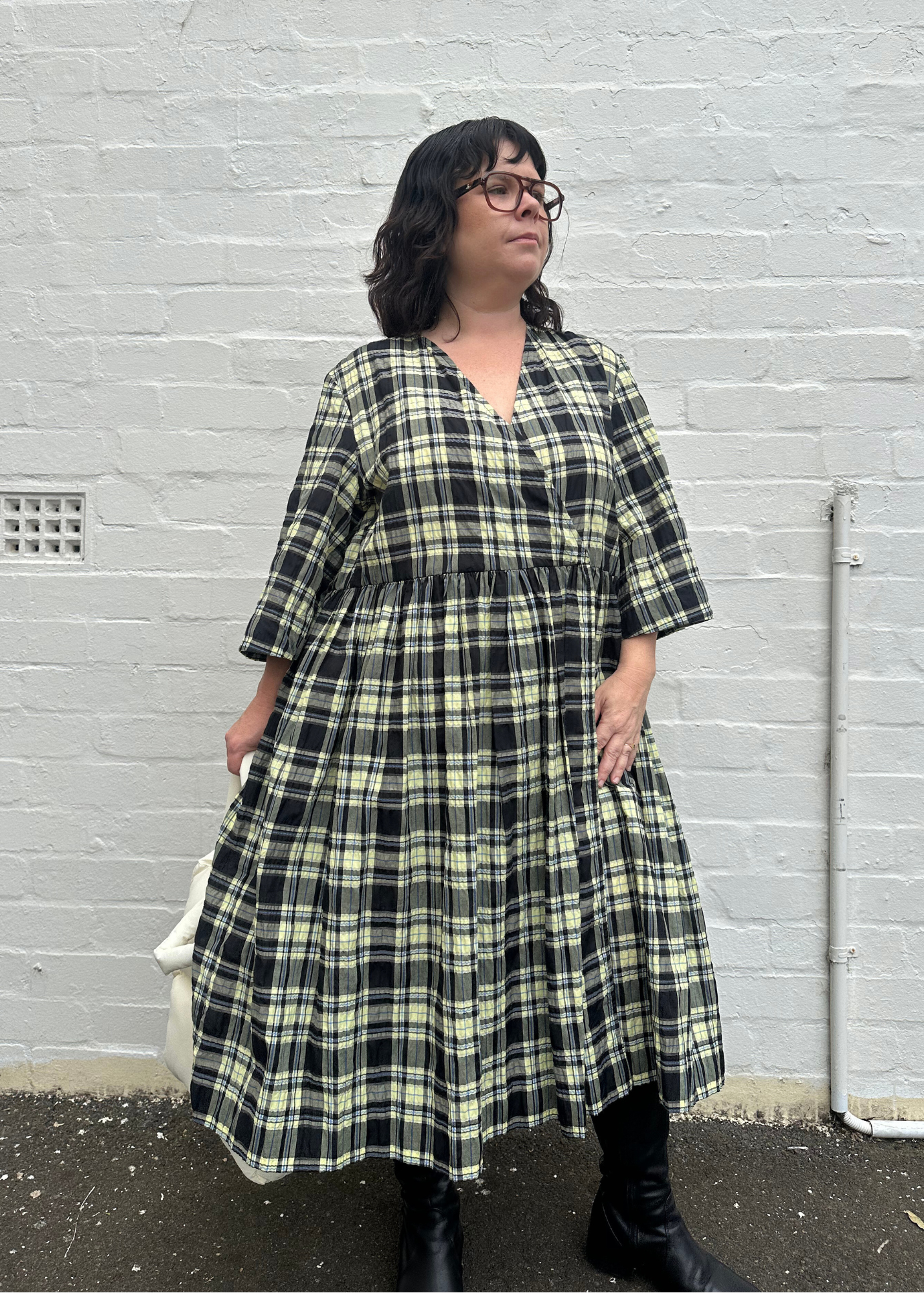 GANNI Seersucker Plaid Midi Dress