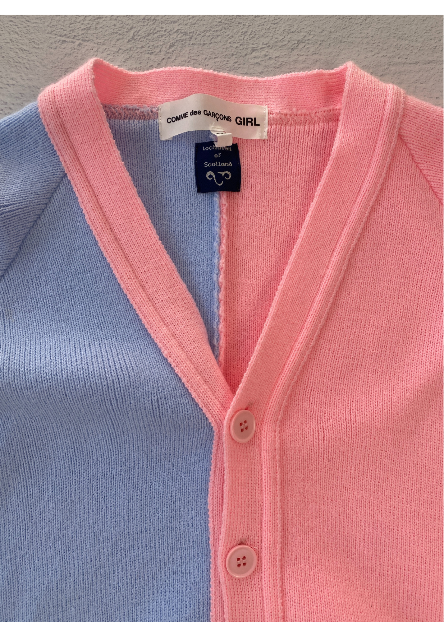 COMME DES GARCONS GIRL x LOCHAVEN OF SCOTLAND 2021 Blue/Pink Cardigan