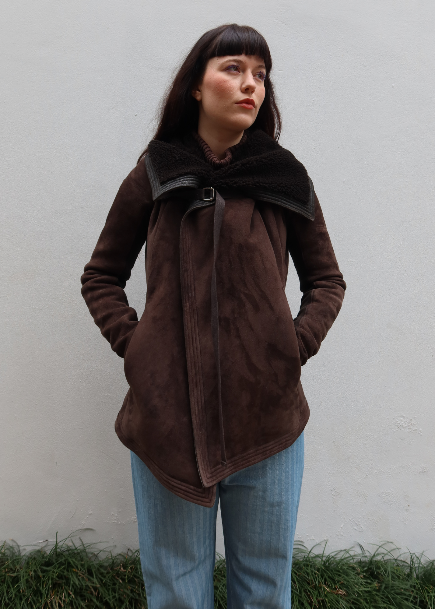 RICK OWENS Brown Suede Lamb Leather Shearling Wrap Jacket