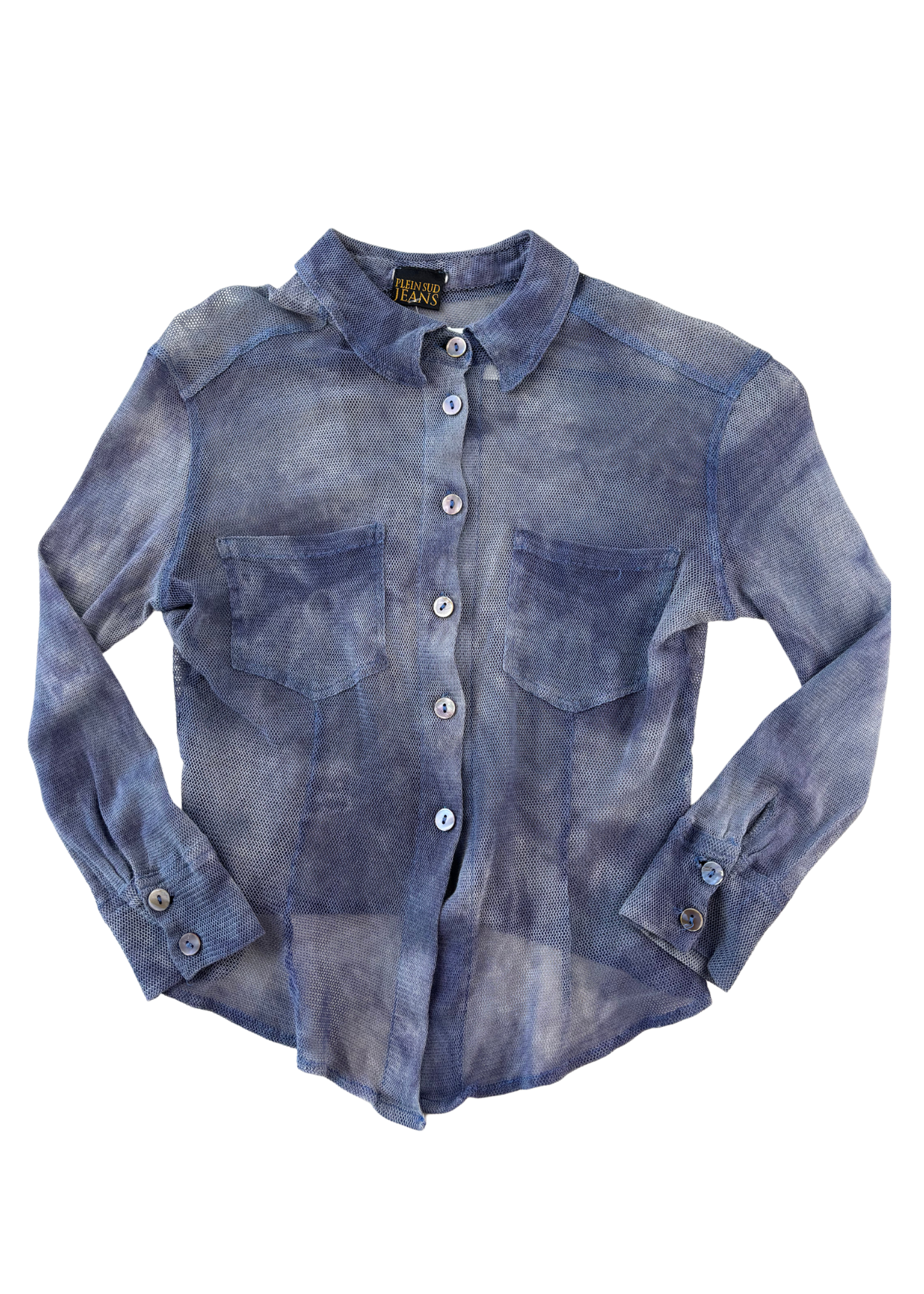 PLEIN SUD JEANS Blue Acid Wash Fishnet Button Down Shirt