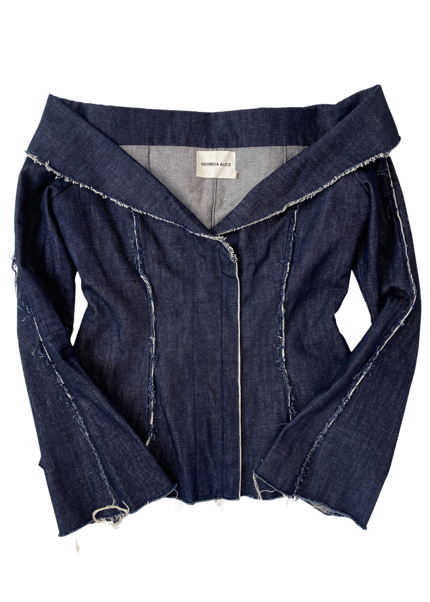 GEORGIA ALICE Off Shoulder Denim Jacket Raw Hems