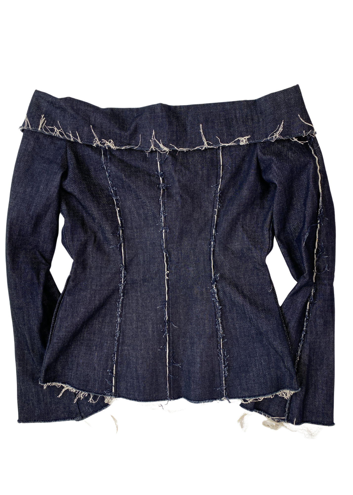 GEORGIA ALICE Off Shoulder Denim Jacket Raw Hems