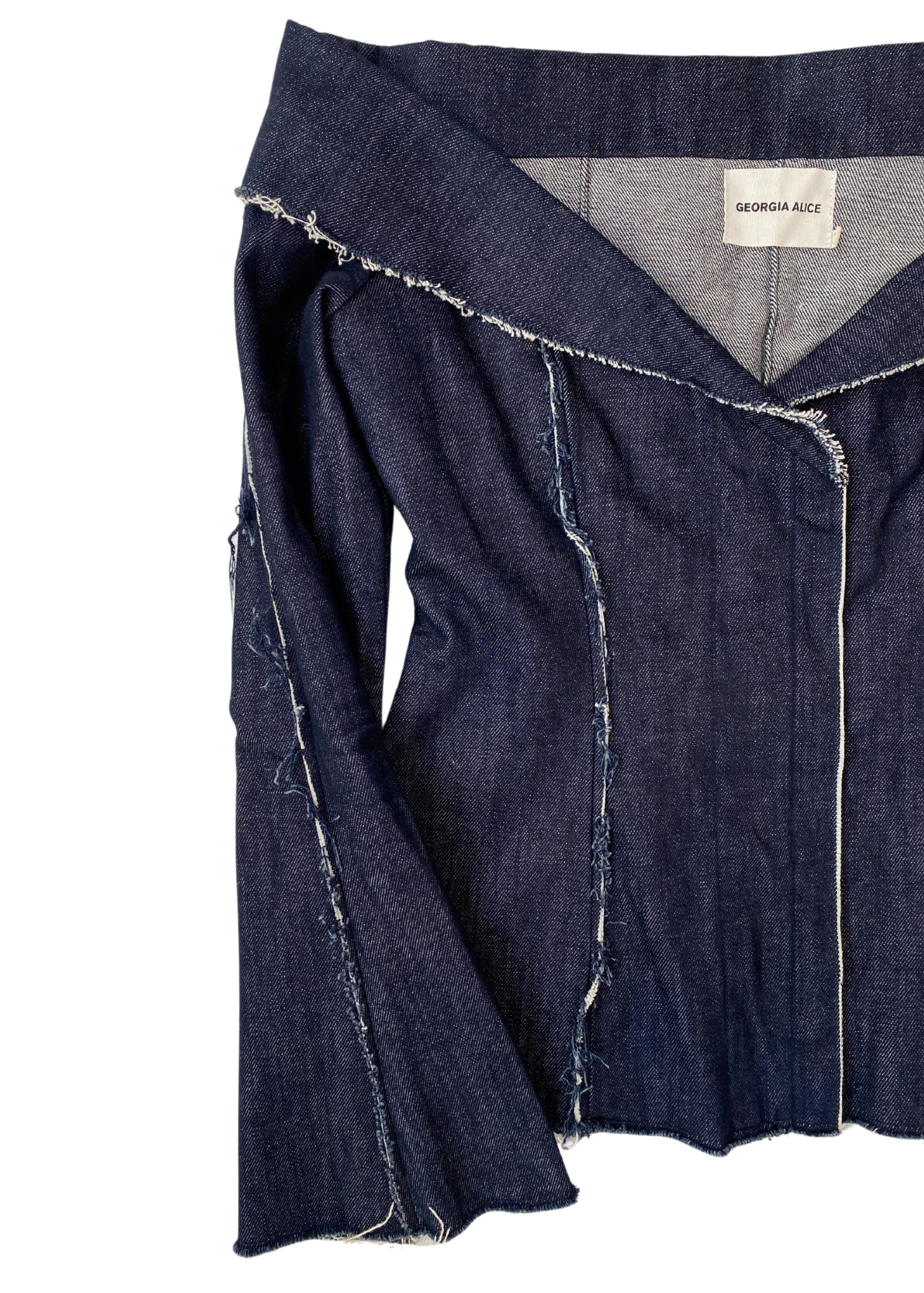 GEORGIA ALICE Off Shoulder Denim Jacket Raw Hems