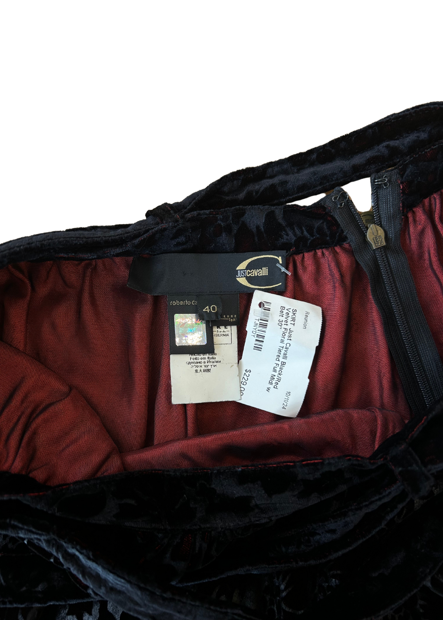 JUST CAVALLI Velvet Floral Tiered Midi Skirt