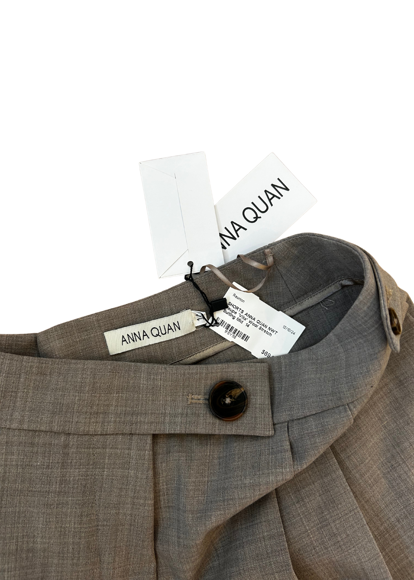 ANNA QUAN 'Vita' Taupe Wool Pleated Suiting Shorts