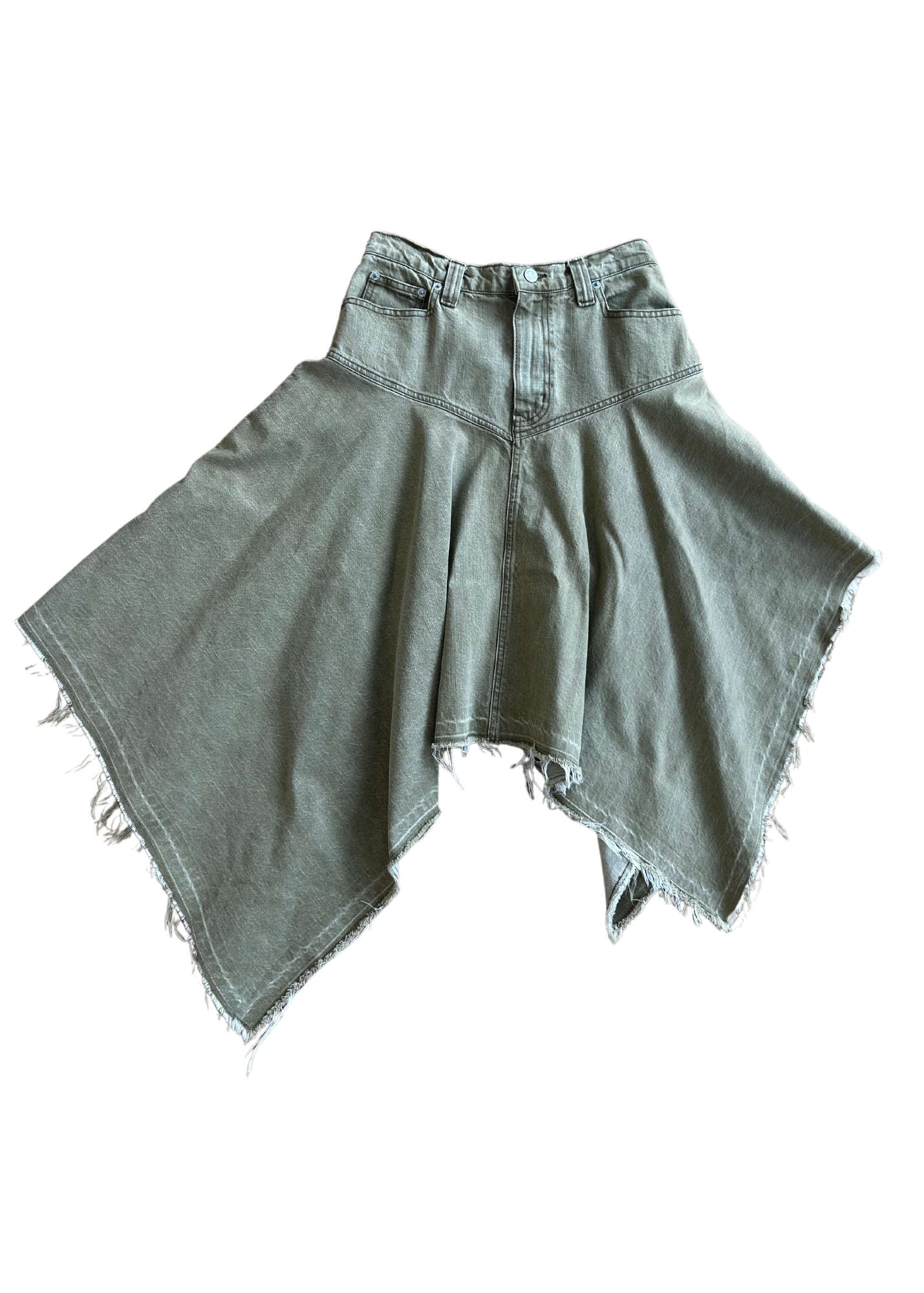 PERMANENT VACATION Olive Green Denim Handkerchief Midi Skirt