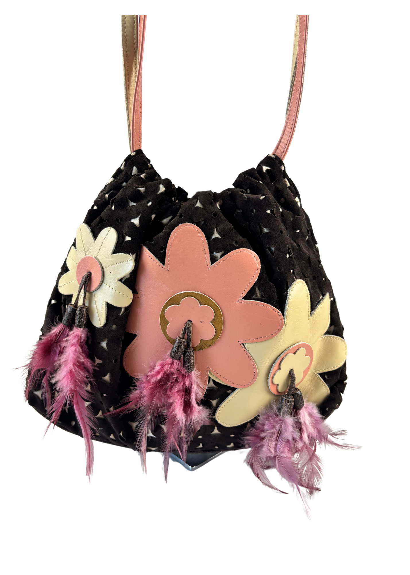 SPENCER & RUTHERFORD (AS IS) Brown Perforated Suede With Feathers