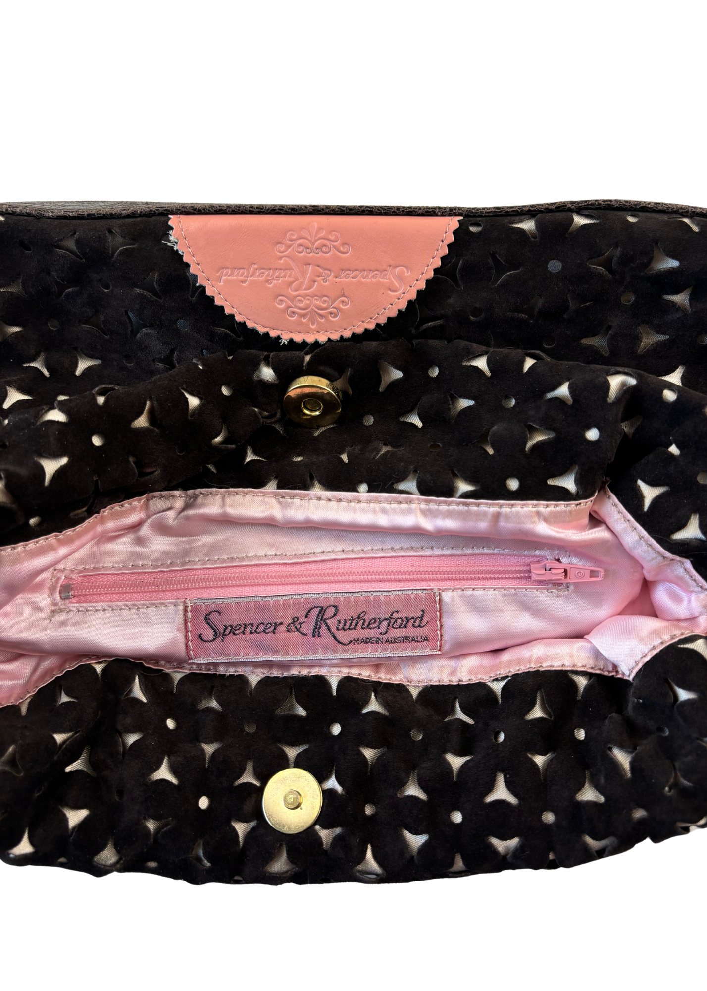 SPENCER & RUTHERFORD (AS IS) Brown Perforated Suede With Feathers