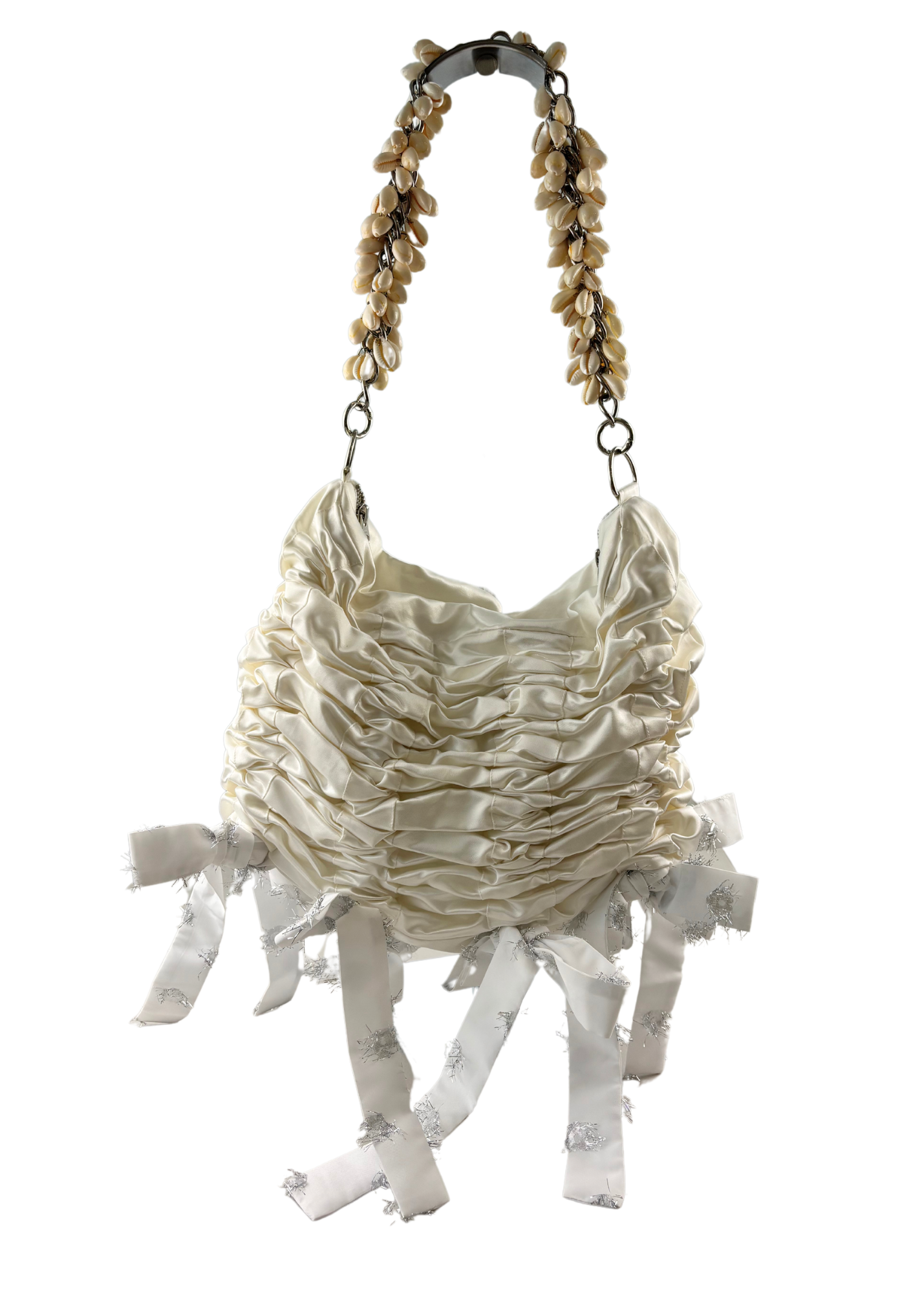 CHOPOVA LOWENAWhite Satin Ruched Bow Embellished Shell Chain Bag