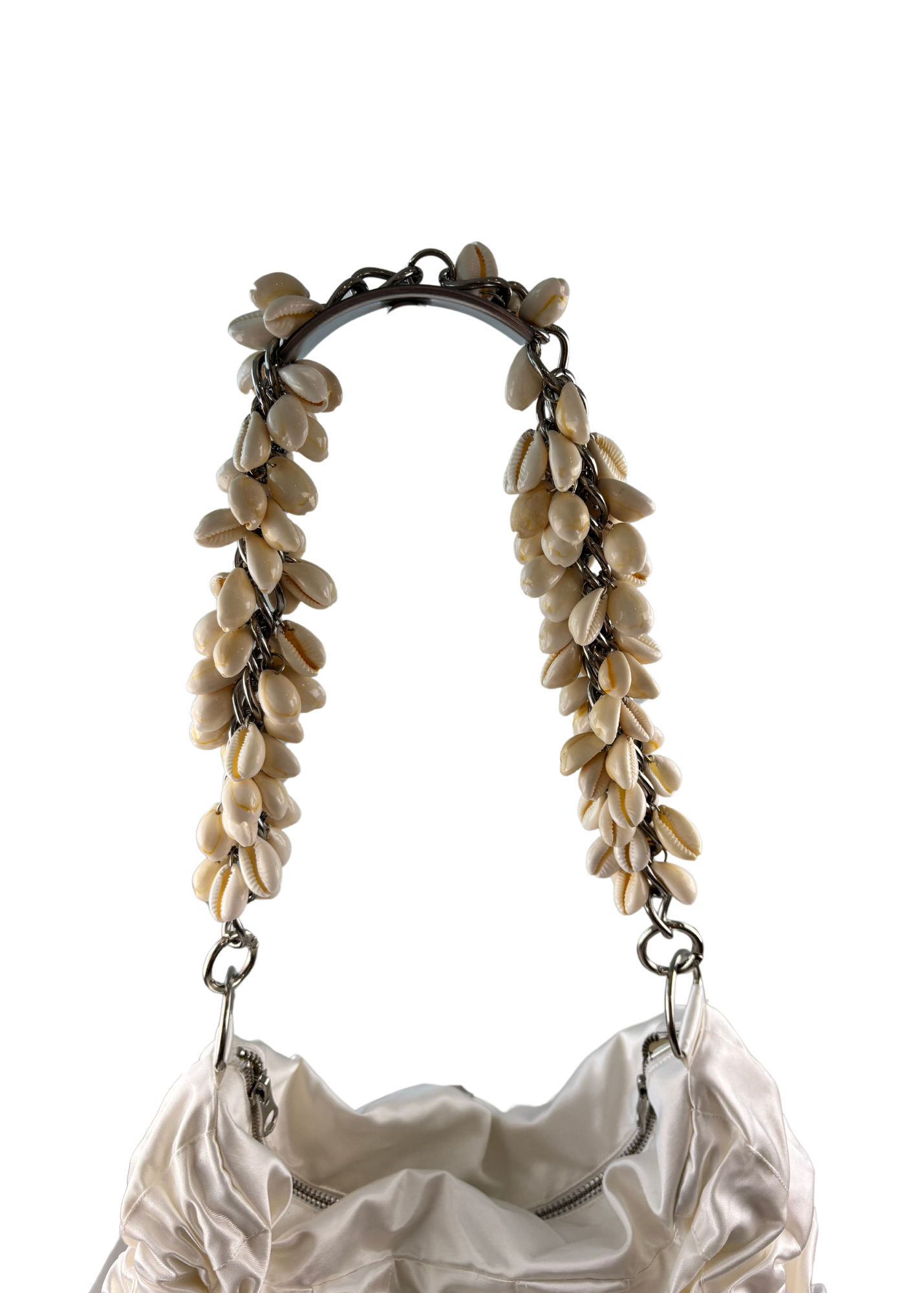 CHOPOVA LOWENAWhite Satin Ruched Bow Embellished Shell Chain Bag