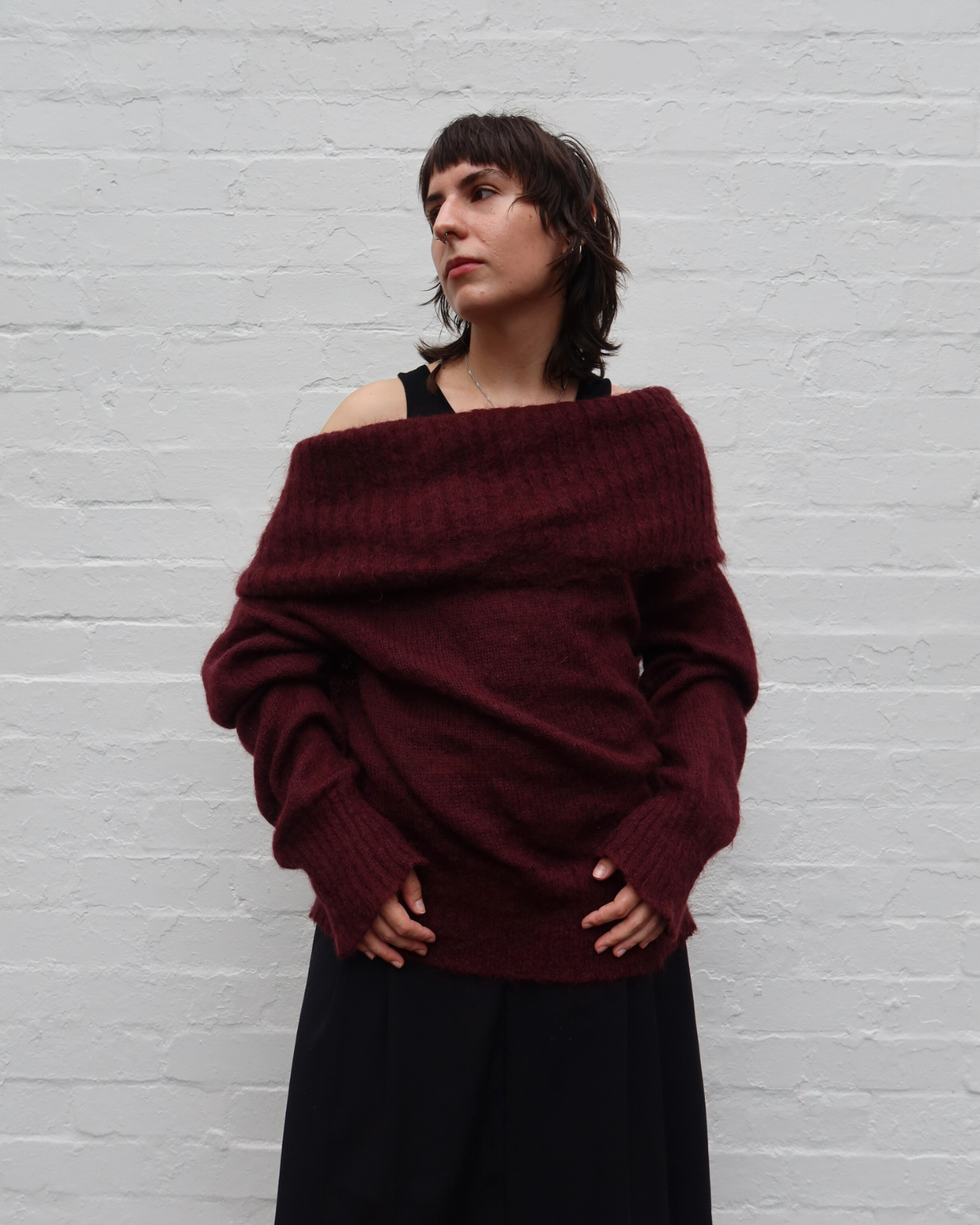 DOLCE & GABBANA Vintage Maroon Mohair Blend Off Shoulder Roll-Neck Jumper