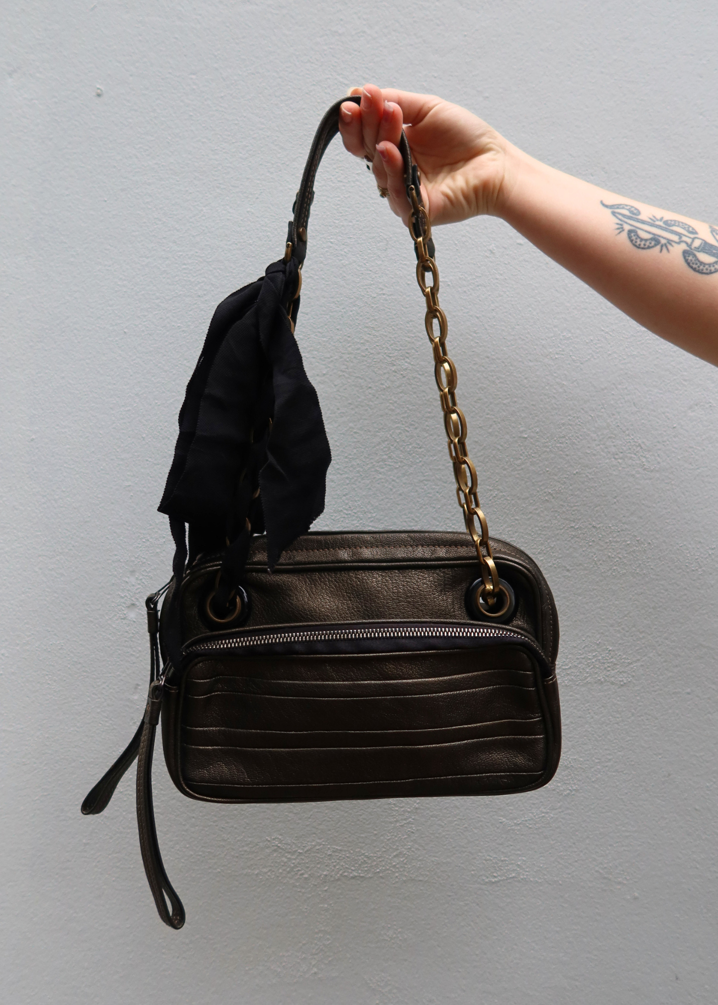 LANVIN Gunmetal Brown Leather Bag W/ Chain Strap