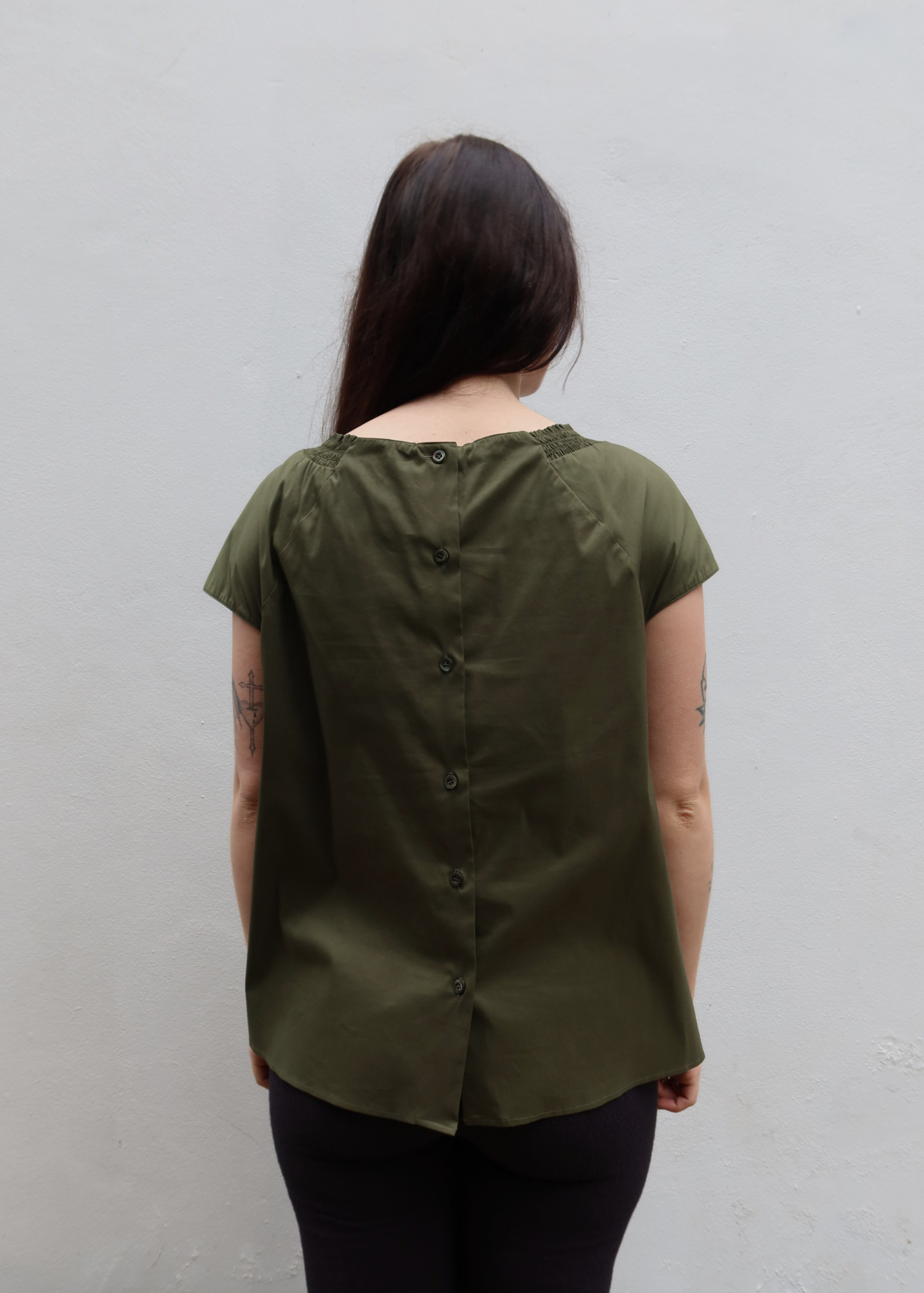 PRADA 2015 Green Cotton Smocked Neckline Top
