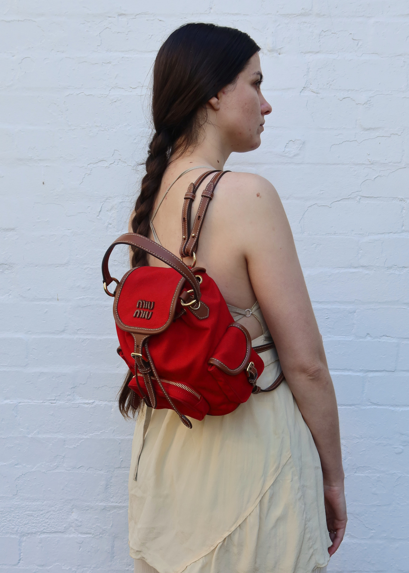 MIU MIU Red Canvas Mini Backpack W/ Brandy Leather Straps