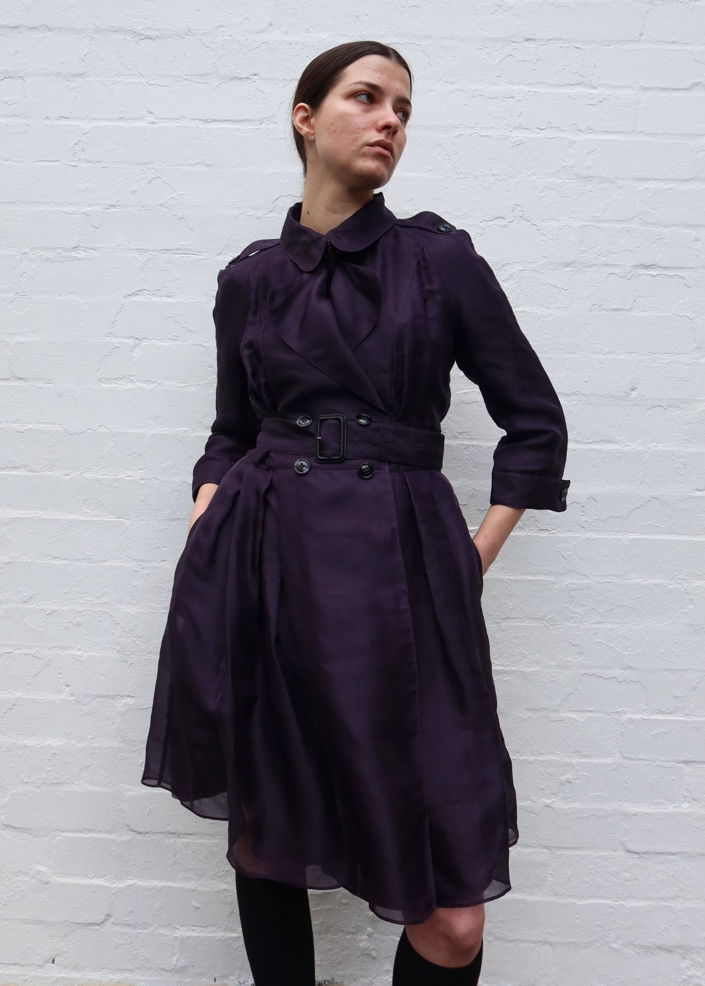BURBERRY (AS IS) 2016 Purple Silk Organza Double Breast Coat W/ Belt