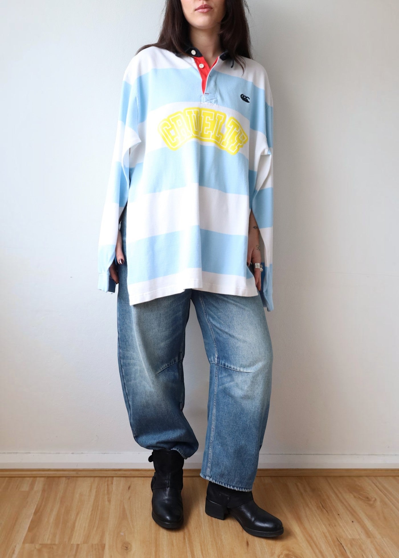 ALIX HIGGINS White/Baby Blue 'CRUELTY' Upcycled Polo