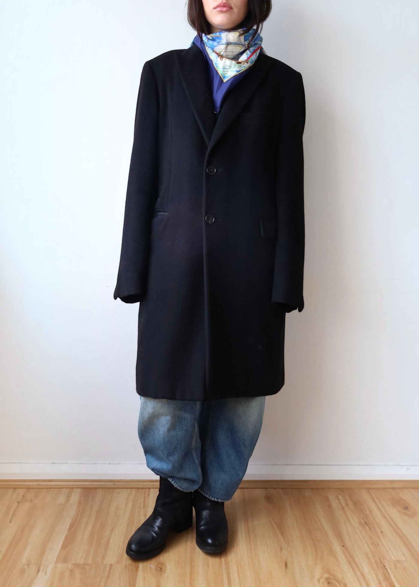 HERMES Vintage Black Cashmere Classic Mid Coat